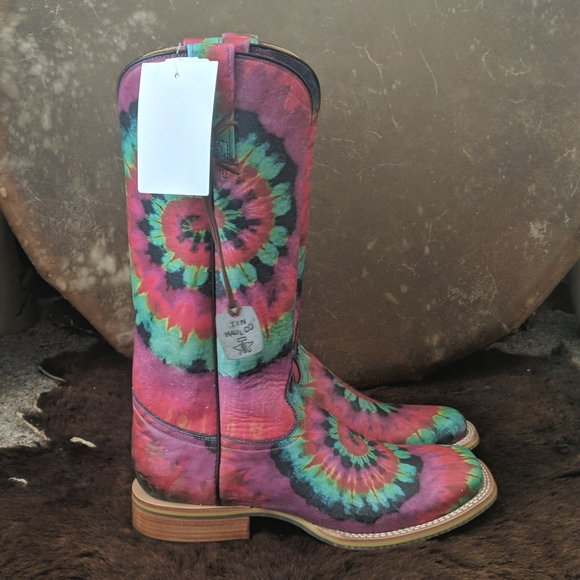 TIN HAUL "Happy Hippie" groovy rainbow tie dye leather cowgirl boots in box NWT - Picture 11 of 16
